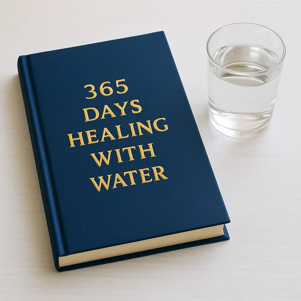 Deep blue hardcover book titled "365 Days Healing with Water" beside a clear glass of water.