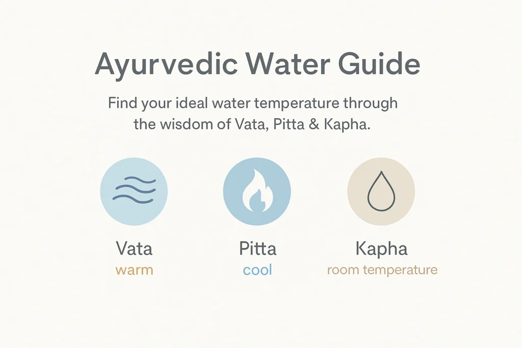 Minimalist Ayurvedic water guide graphic showing Vata, Pitta, and Kapha with gentle pastel colors and clean design.